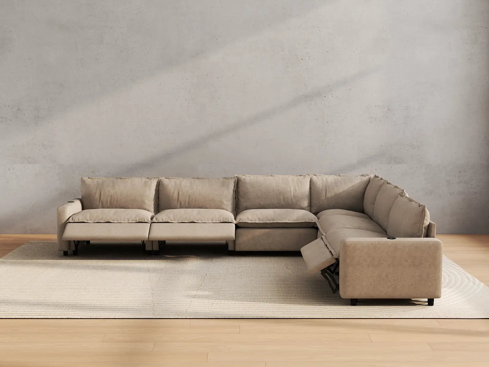 Modular Cero Power Reclining Sectional | 6-Piece Khaki Linen Grand Estate V-Shaped Sectionals 6-Seater