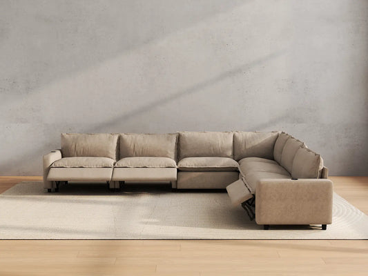 Modular Cero Reclining Sectionals | 6-Piece Khaki Linen Grand Estate V-Shaped Sectionals 6-Seater