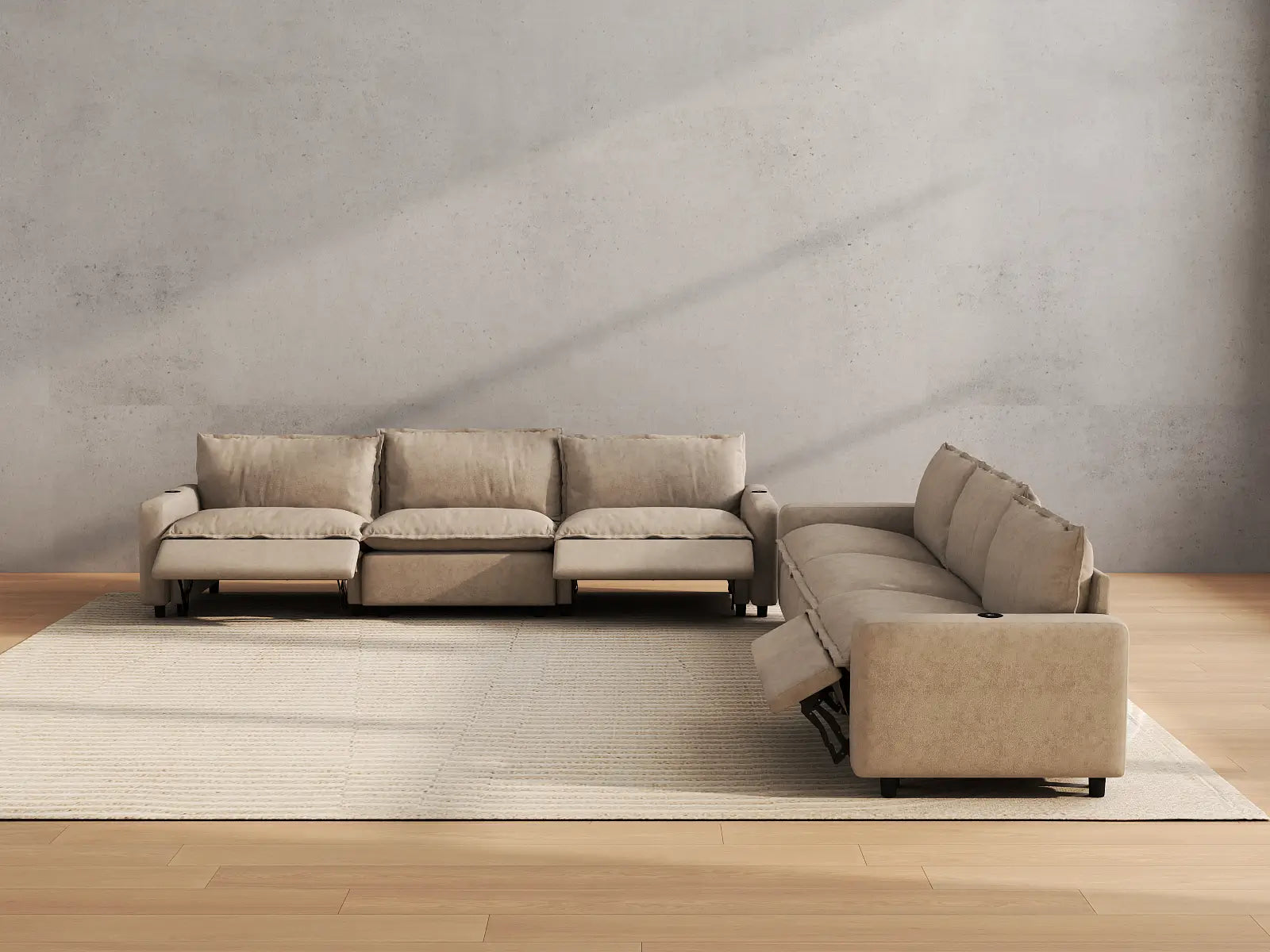 Modular Cero Recliner Sectional Sofa | 6-Piece Khaki Linen Grand Estate V-Shaped Sectionals 6-Seater