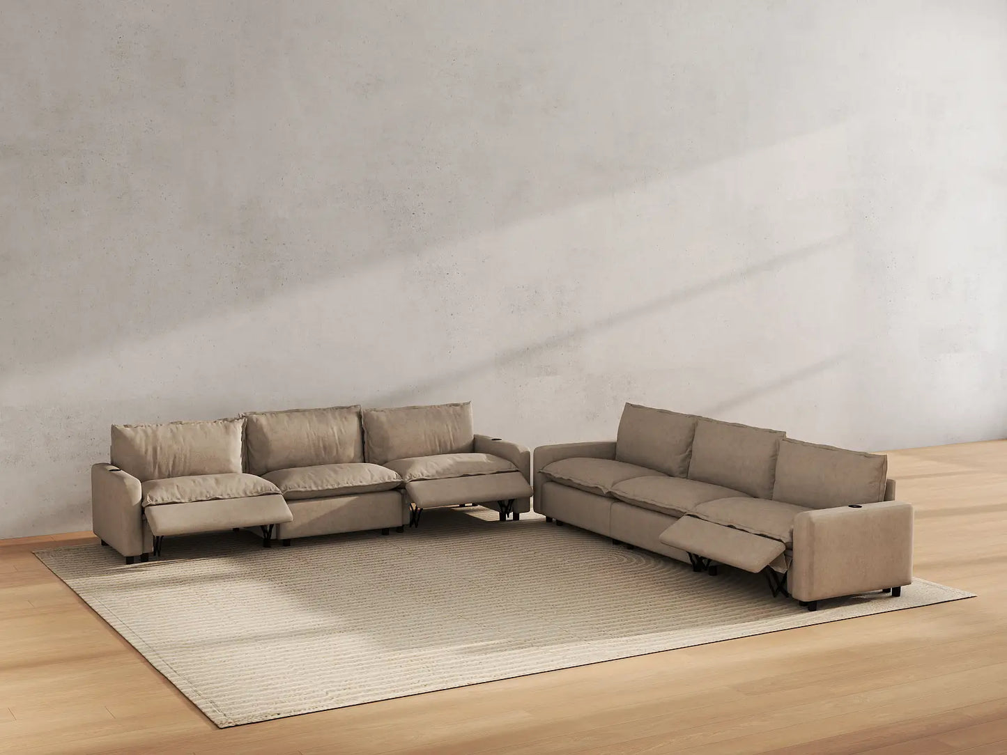 Modular Cero Reclining Sectionals | 6-Piece Khaki Linen Grand Estate V-Shaped Sectionals 6-Seater