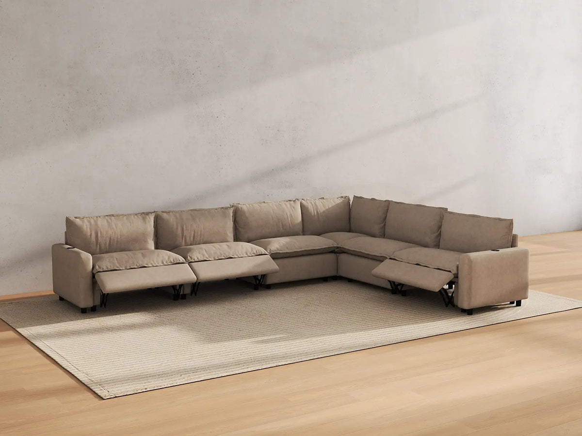 Modular Cero Reclining Sectionals | 6-Piece Khaki Linen Grand Estate V-Shaped Sectionals 6-Seater