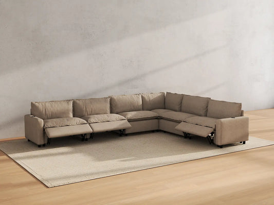 Modular Cero Reclining Sectionals | 6-Piece Khaki Linen Grand Estate V-Shaped Sectionals 6-Seater