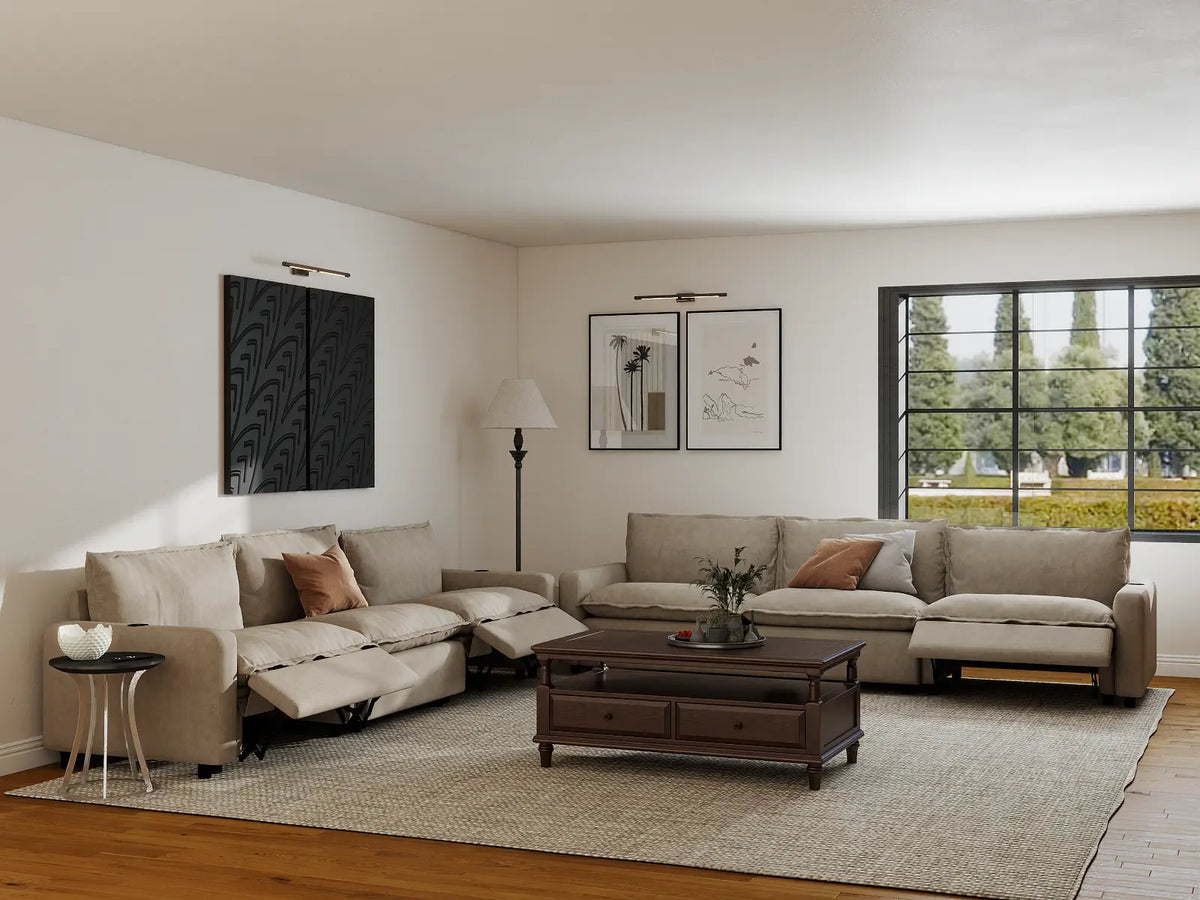 Modular Cero Reclining Sectionals | 6-Piece Khaki Linen Grand Estate V-Shaped Sectionals 6-Seater