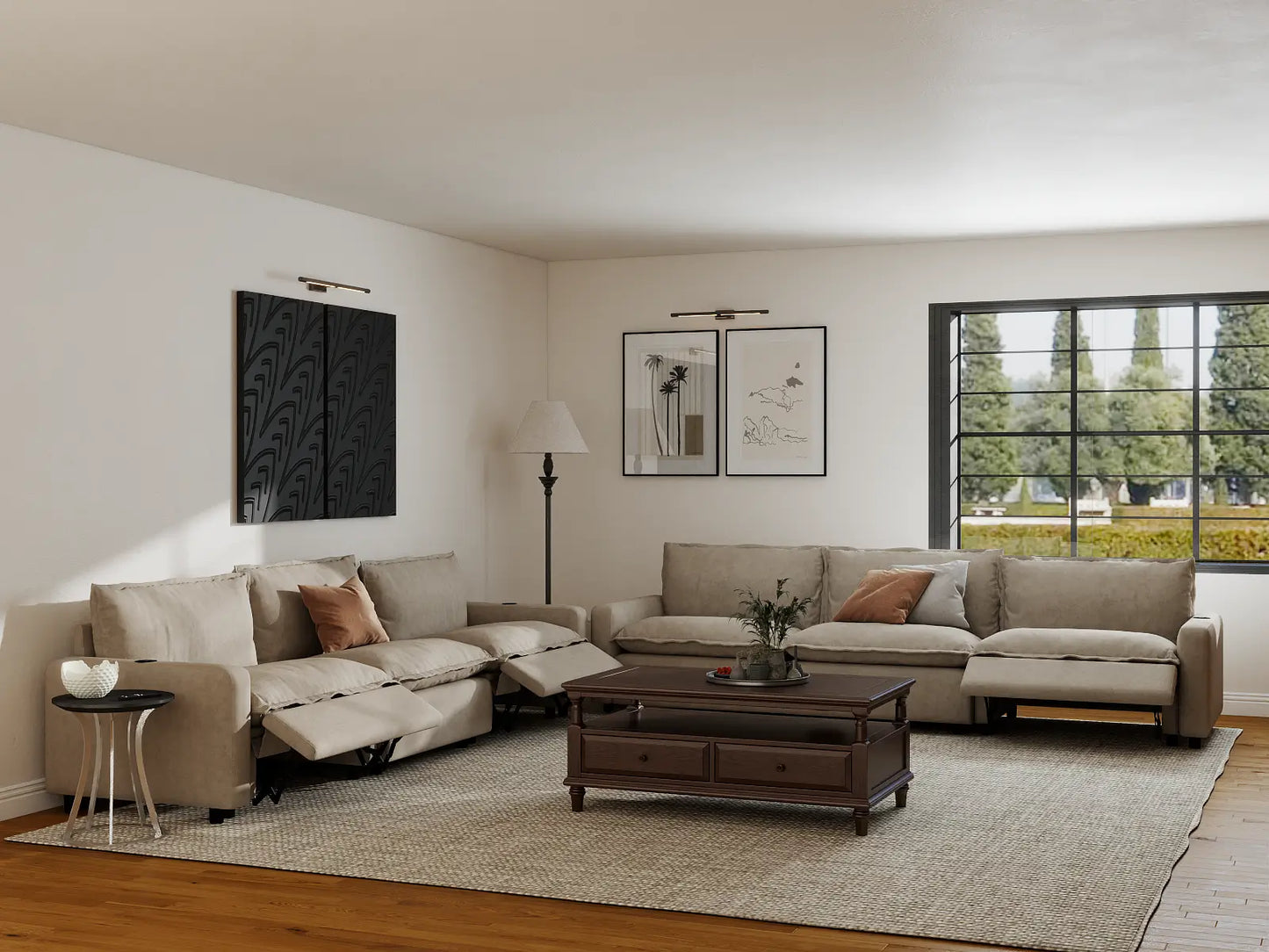Modular Cero Reclining Sectionals | 6-Piece Khaki Linen Grand Estate V-Shaped Sectionals 6-Seater