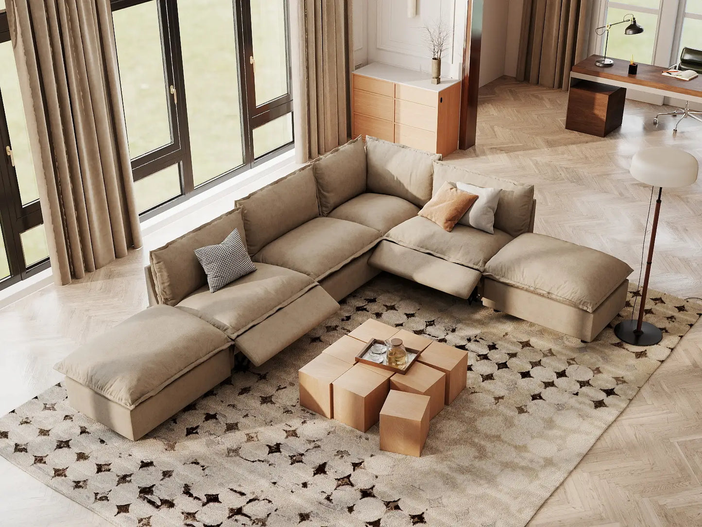 Modular Cero Reclining Sectionals | 6-Piece Khaki Linen Home Living L-Shaped Sectionals 4-Seater with 2-Ottomans