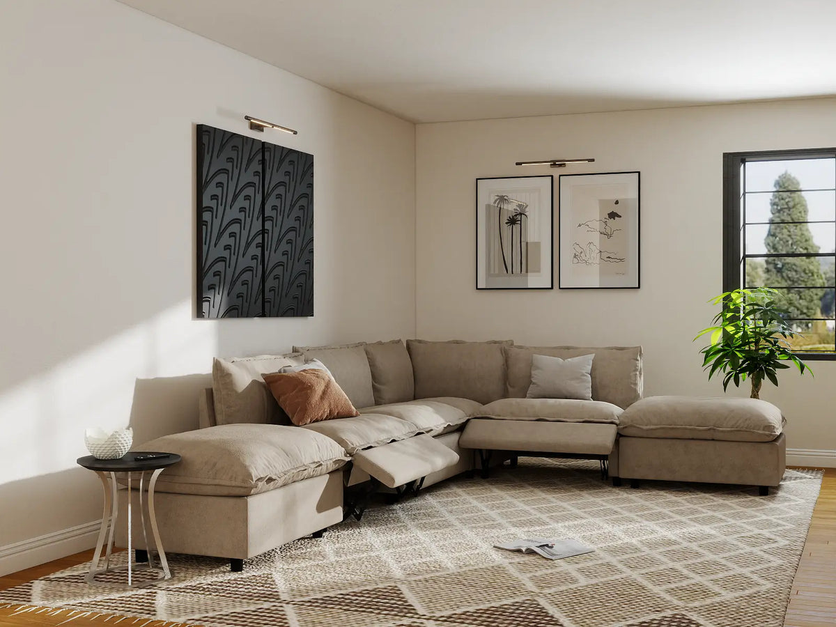 Modular Cero Reclining Sectionals | 6-Piece Khaki Linen Home Living L-Shaped Sectionals 4-Seater with 2-Ottomans