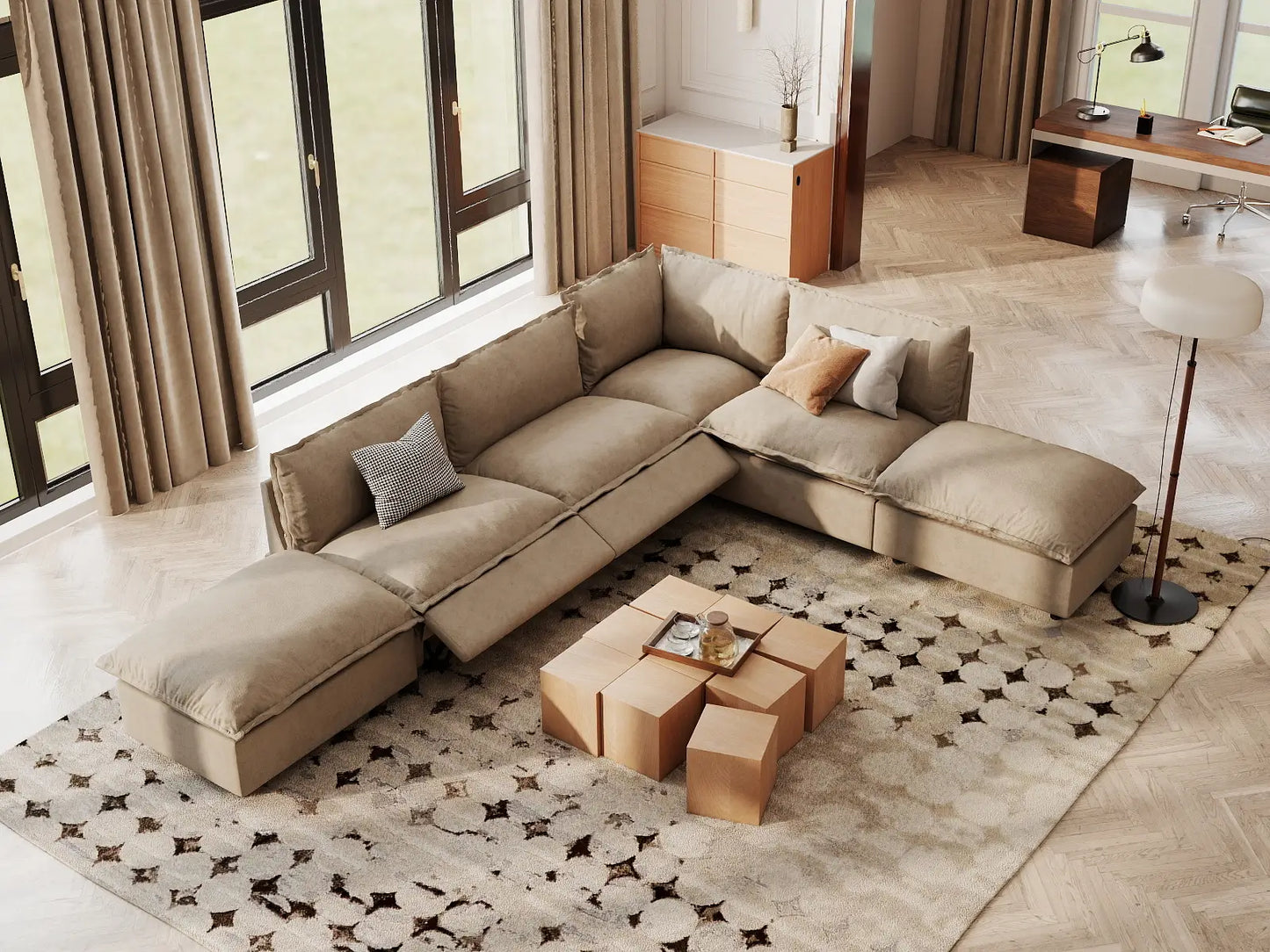 Modular Cero Reclining Sectionals | 6-Piece Khaki Linen Home Living L-Shaped Sectionals 4-Seater with 2-Ottomans