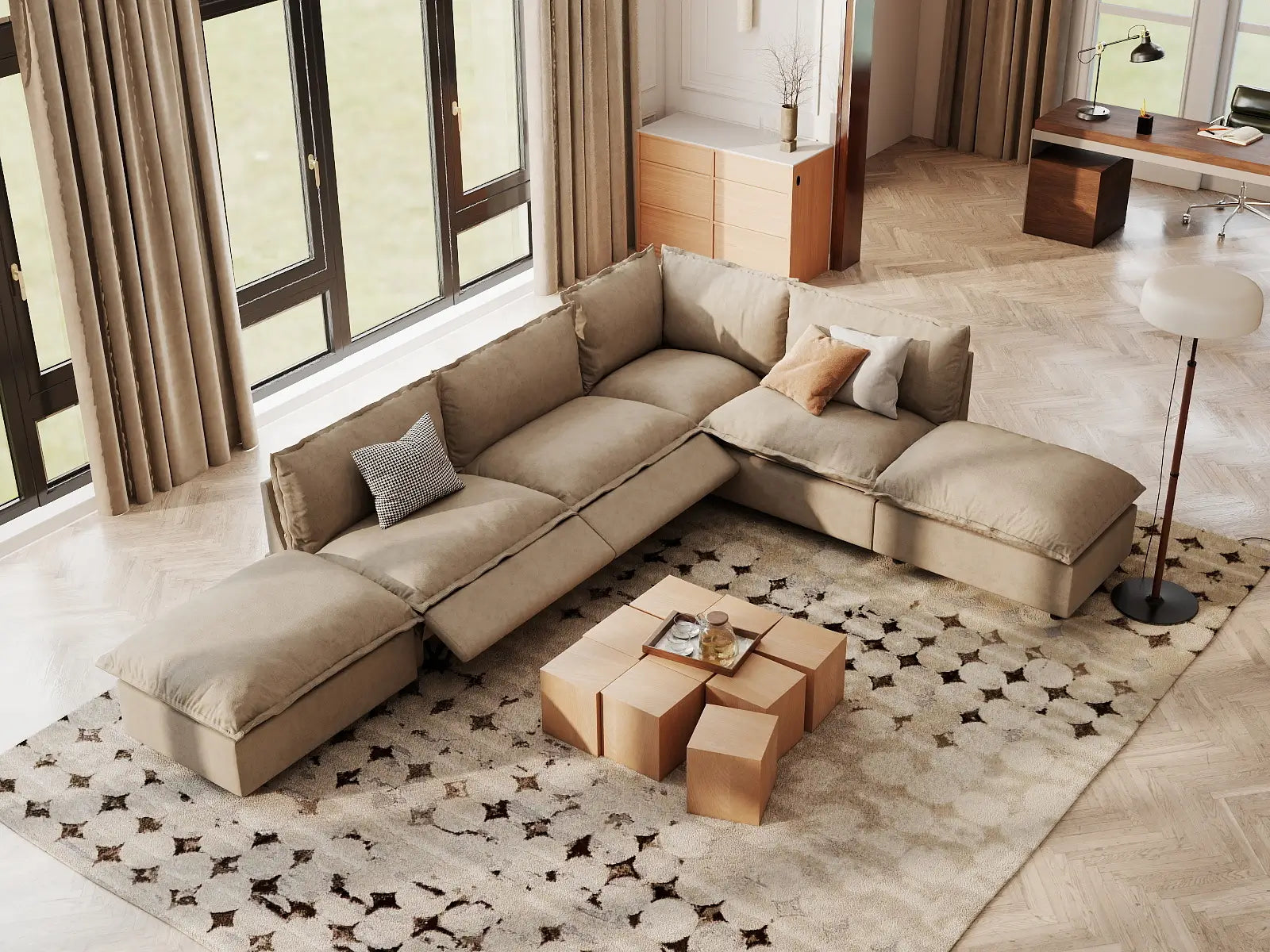 Modular Cero Recliner Sectional with Chaise | 6-Piece Khaki Linen Home Living L-Shaped Sectionals 4-Seater with 2-Ottomans