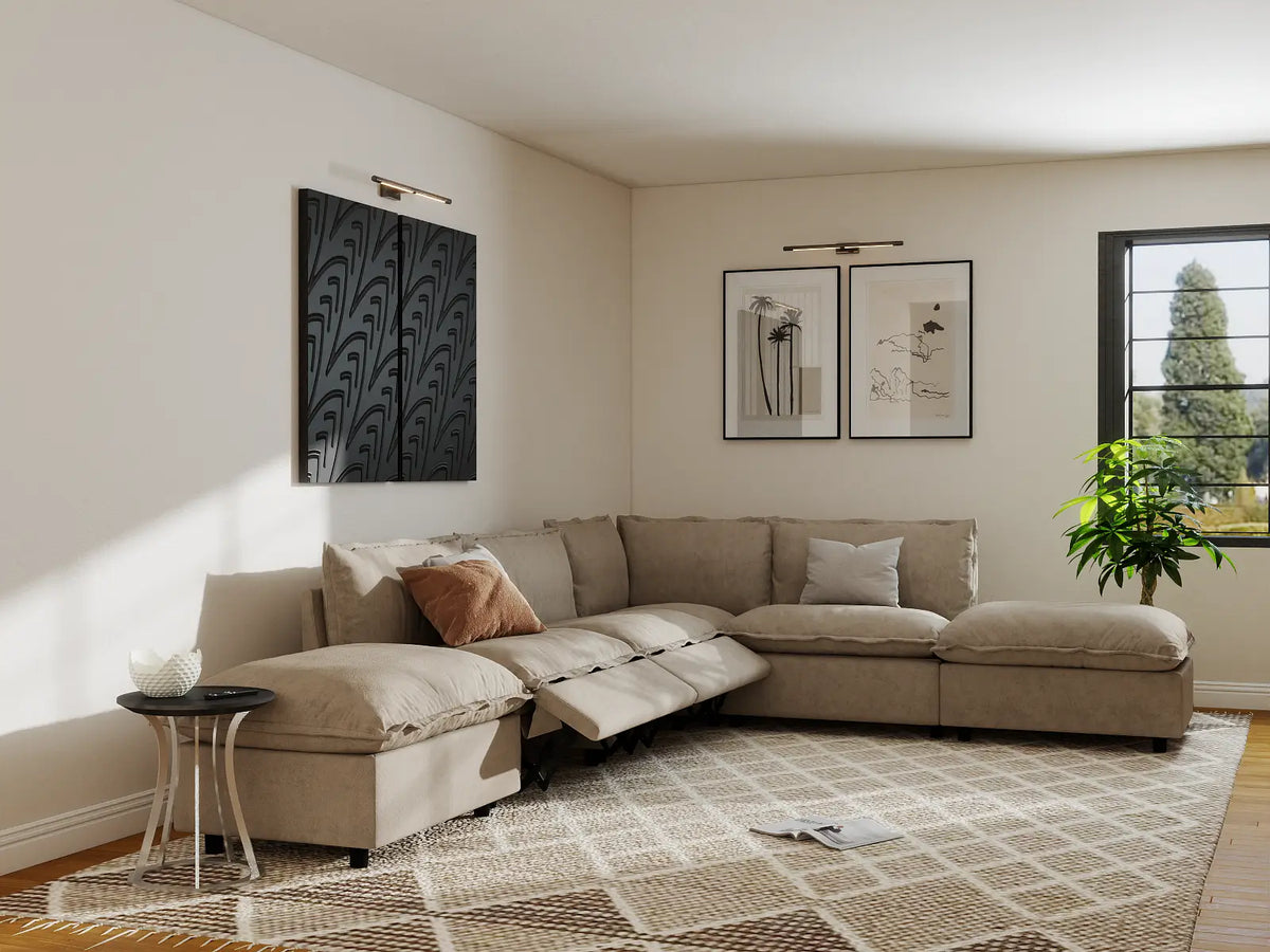 Modular Cero Reclining Sectionals | 6-Piece Khaki Linen Home Living L-Shaped Sectionals 4-Seater with 2-Ottomans