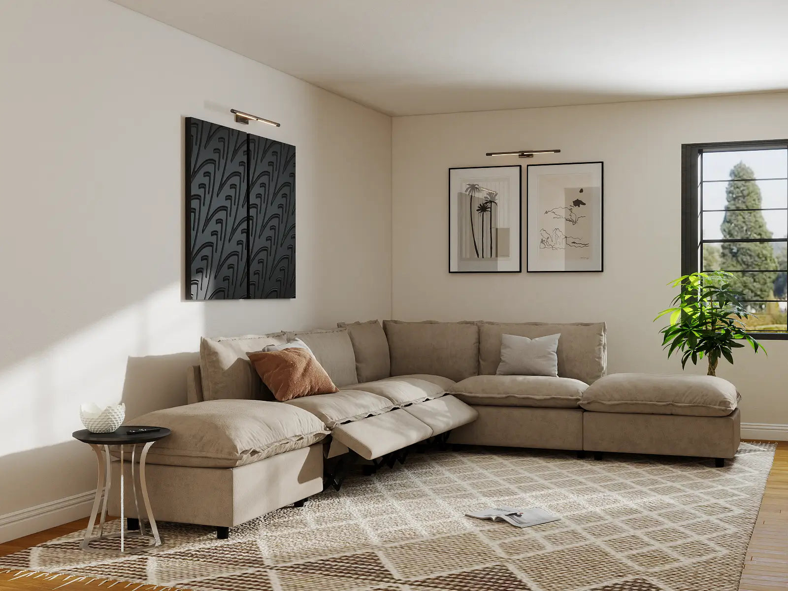 Modular Cero Recliner Sectional with Chaise | 6-Piece Khaki Linen Home Living L-Shaped Sectionals 4-Seater with 2-Ottomans