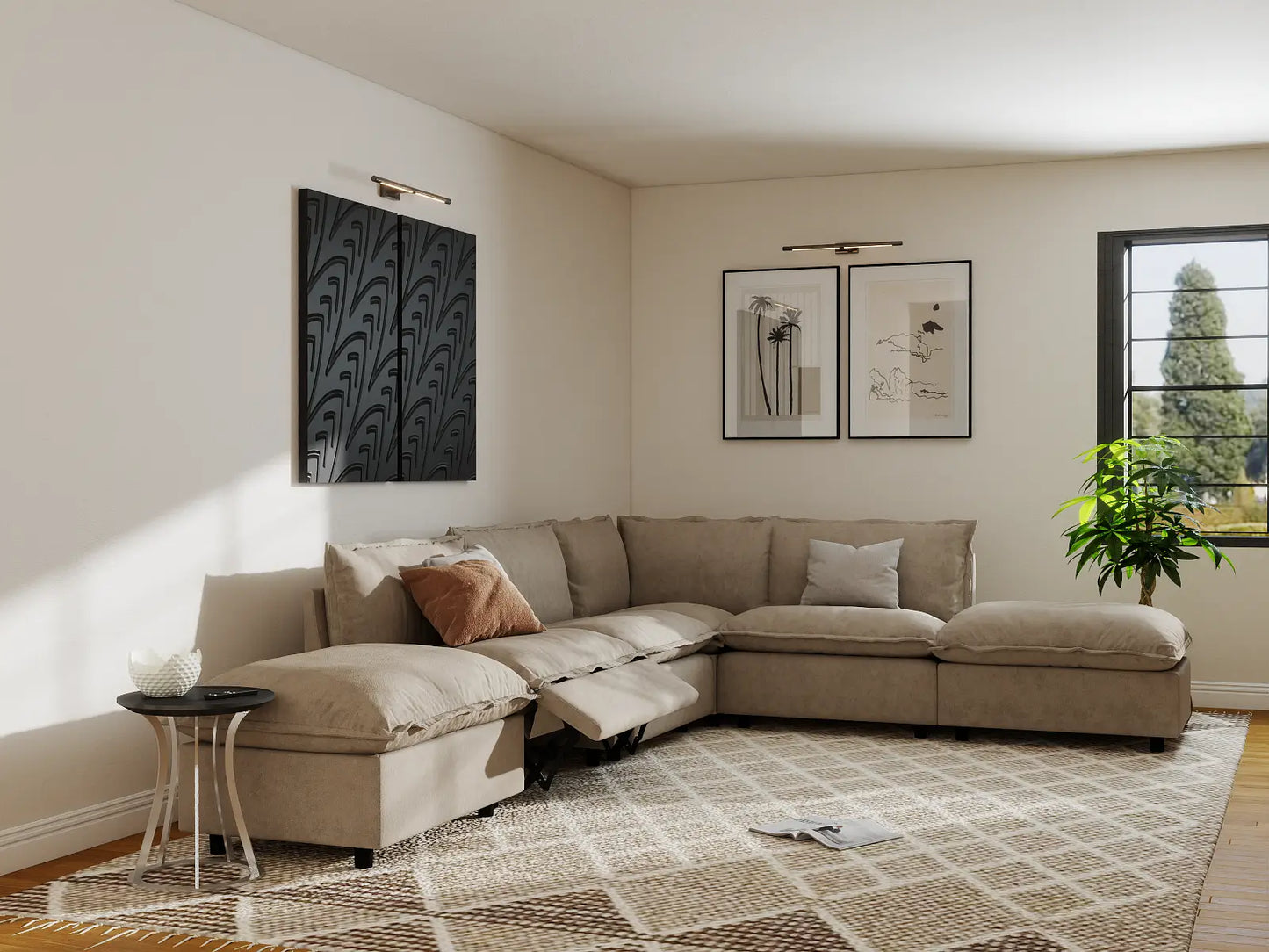 Modular Cero Reclining Sectionals | 6-Piece Khaki Linen Home Living L-Shaped Sectionals 4-Seater with 2-Ottomans