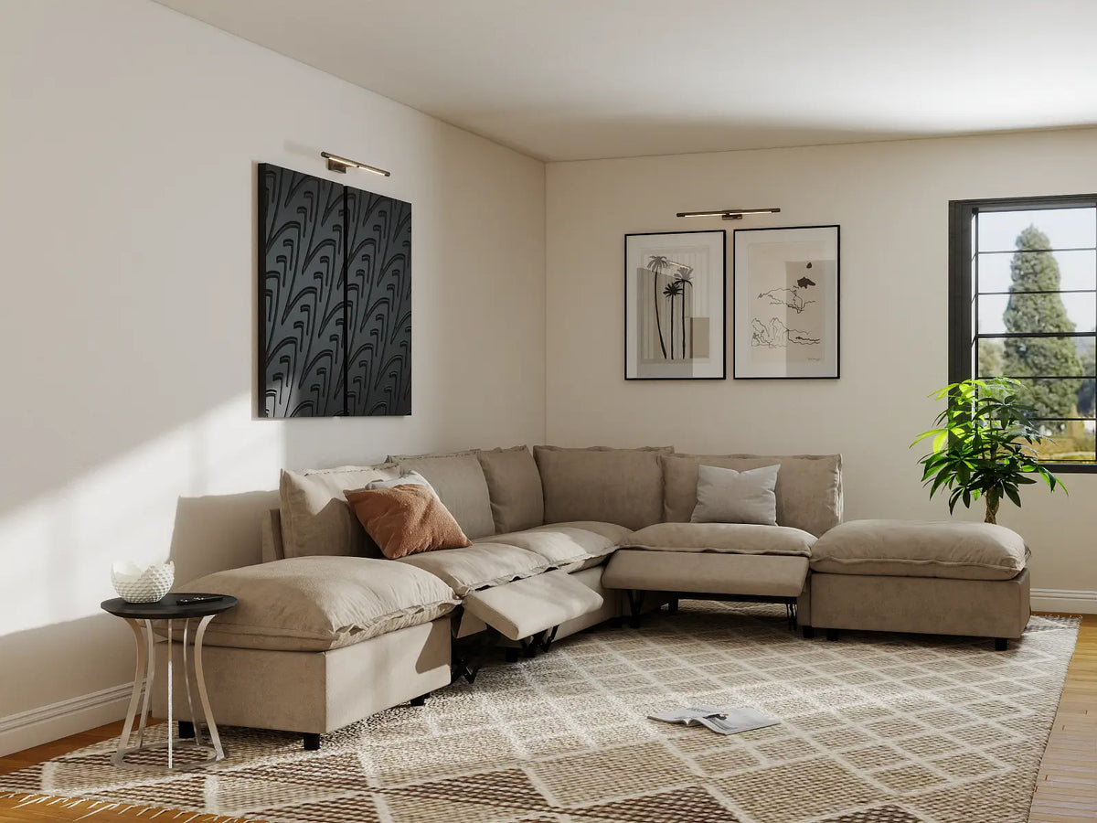 Modular Cero Reclining Sectionals | 6-Piece Khaki Linen Home Living L-Shaped Sectionals 4-Seater with 2-Ottomans