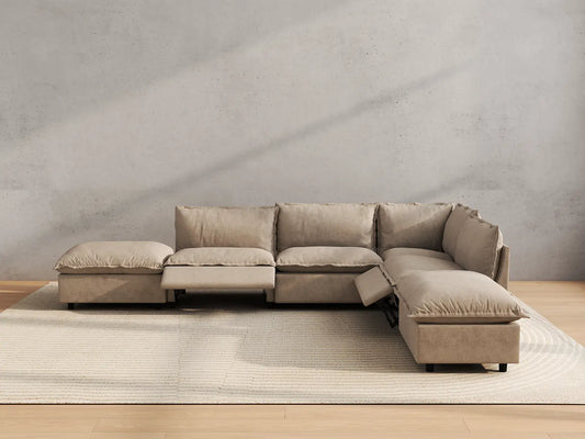 Modular Cero Reclining Sectionals | 6-Piece Khaki Linen Home Living L-Shaped Sectionals 4-Seater with 2-Ottomans