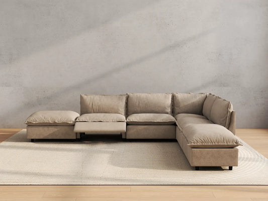 Modular Cero Reclining Sectionals | 6-Piece Khaki Linen Home Living L-Shaped Sectionals 4-Seater with 2-Ottomans