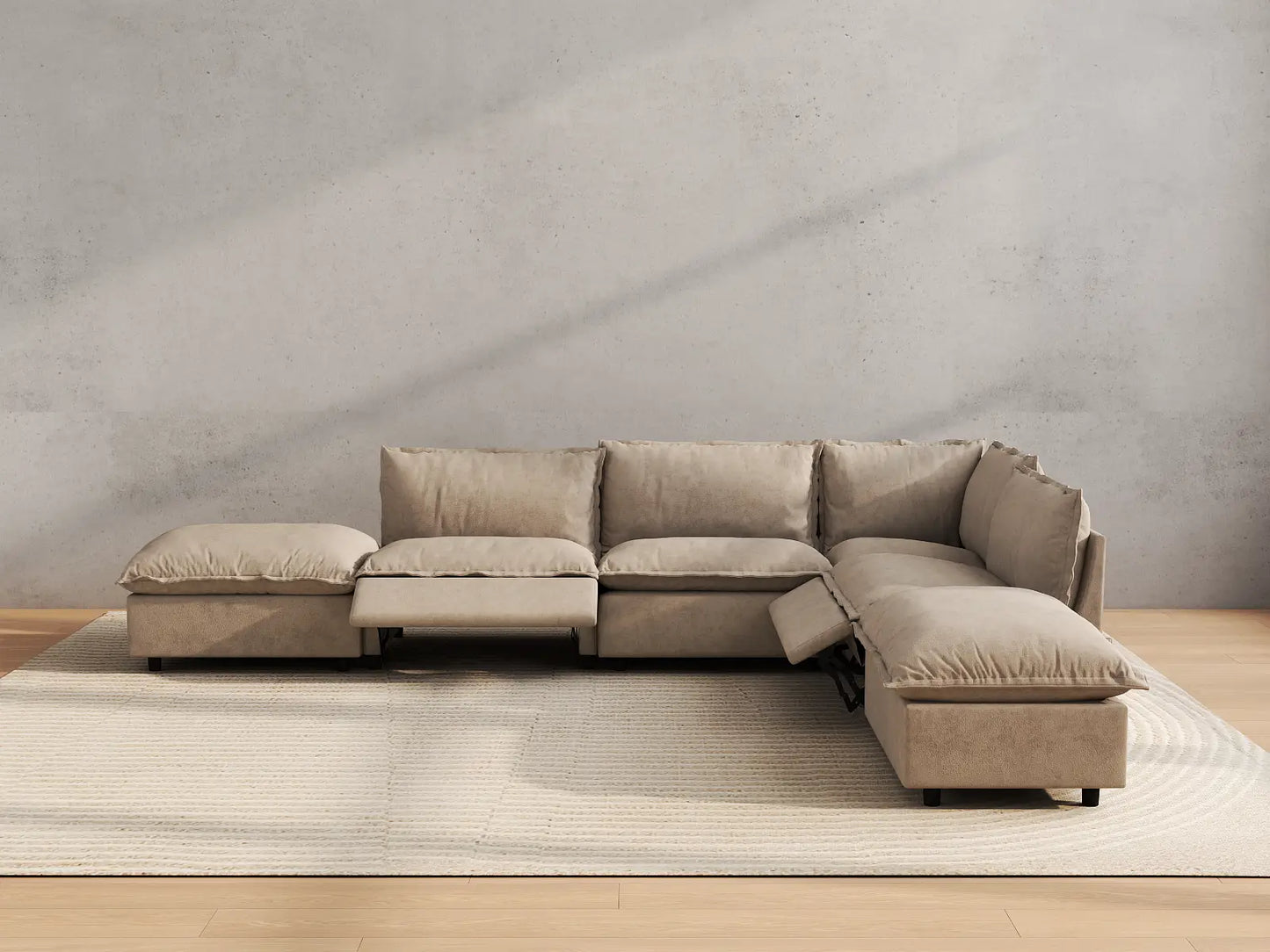 Modular Cero Reclining Sectionals | 6-Piece Khaki Linen Home Living L-Shaped Sectionals 4-Seater with 2-Ottomans