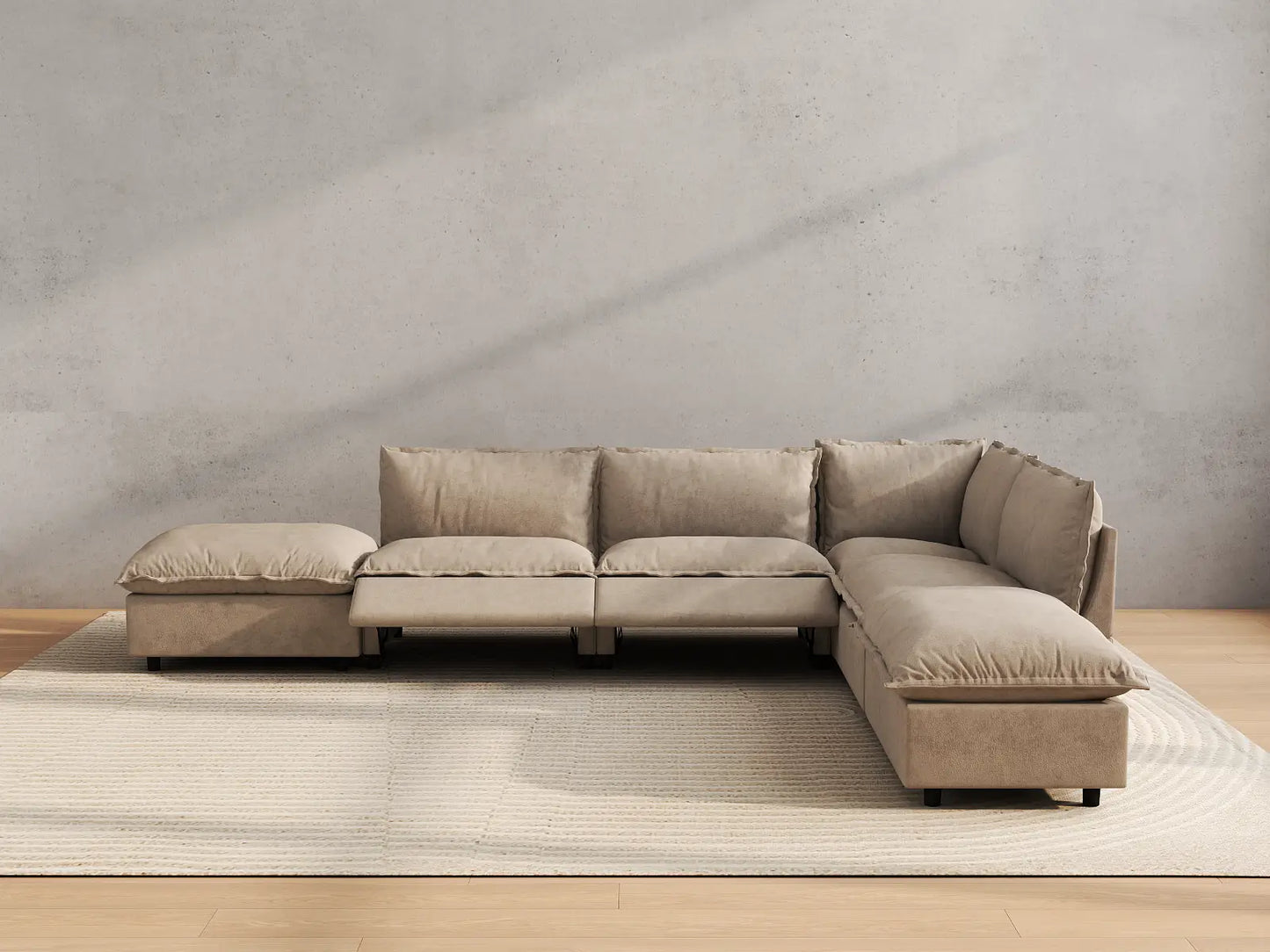 Modular Cero Reclining Sectionals | 6-Piece Khaki Linen Home Living L-Shaped Sectionals 4-Seater with 2-Ottomans