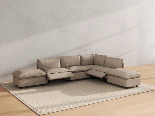 Modular Cero Reclining Sectionals | 6-Piece Khaki Linen Home Living L-Shaped Sectionals 4-Seater with 2-Ottomans