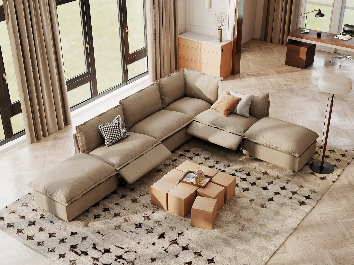 Modular Cero Reclining Sectionals | 6-Piece Khaki Linen Home Living L-Shaped Sectionals 4-Seater with 2-Ottomans
