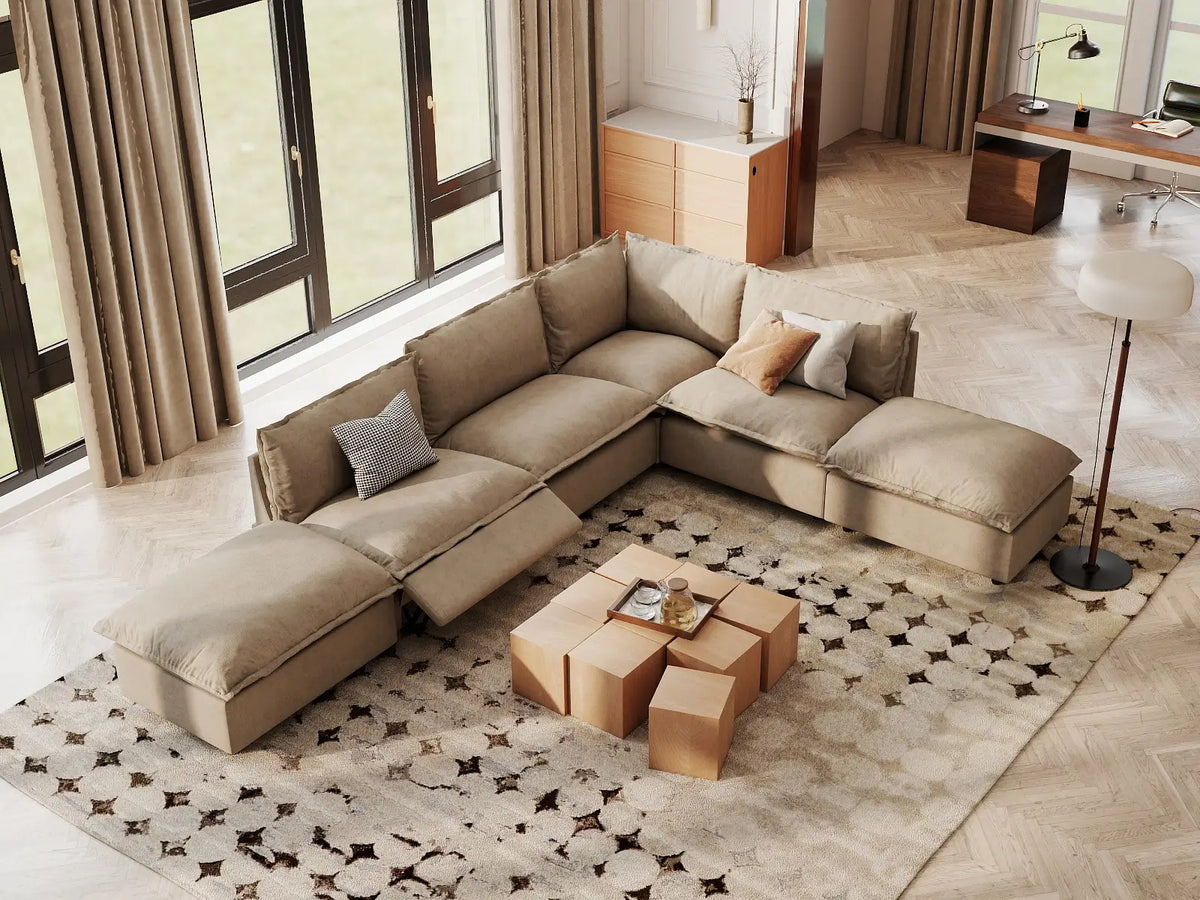 Modular Cero Reclining Sectionals | 6-Piece Khaki Linen Home Living L-Shaped Sectionals 4-Seater with 2-Ottomans