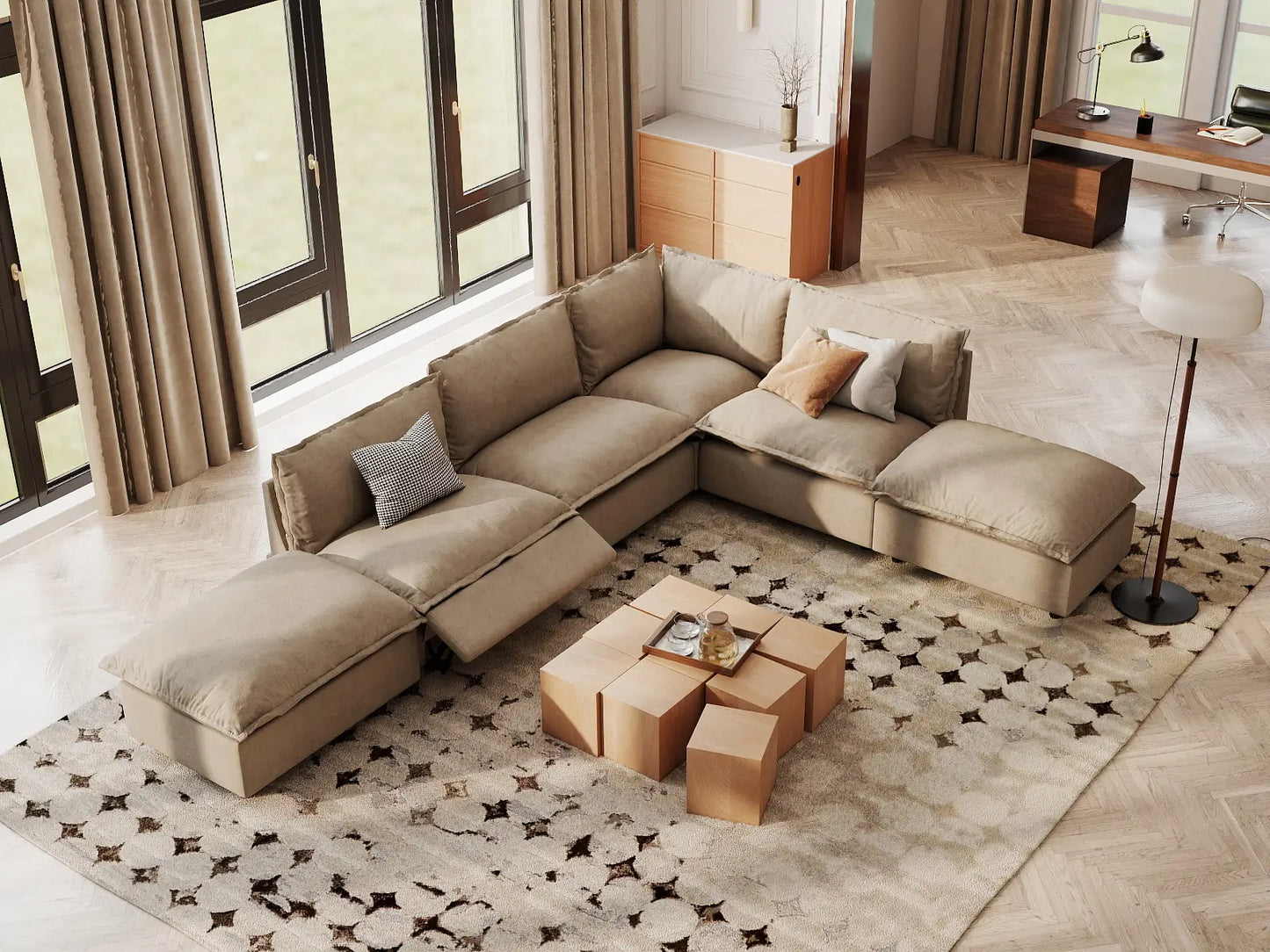 Modular Cero Reclining Sectionals | 6-Piece Khaki Linen Home Living L-Shaped Sectionals 4-Seater with 2-Ottomans