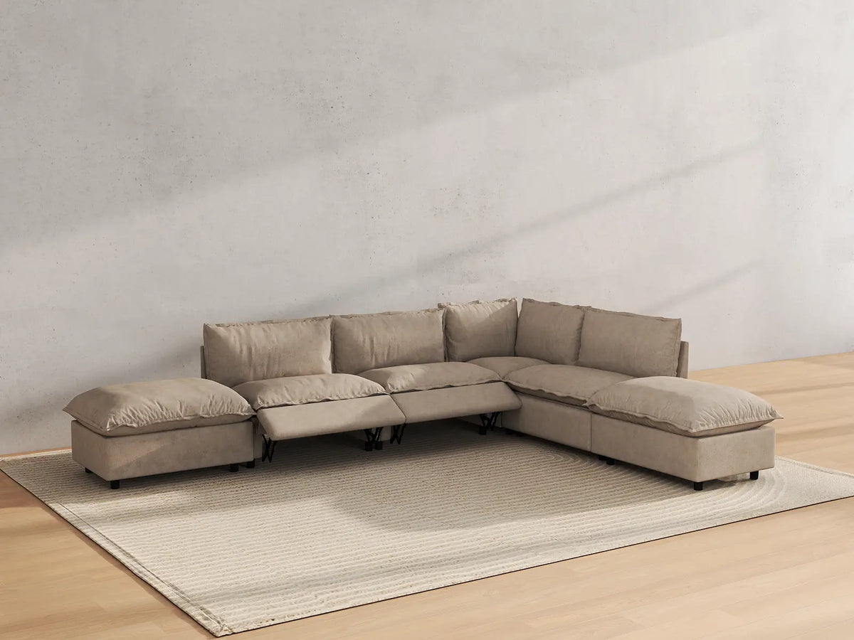 Modular Cero Reclining Sectionals | 6-Piece Khaki Linen Home Living L-Shaped Sectionals 4-Seater with 2-Ottomans