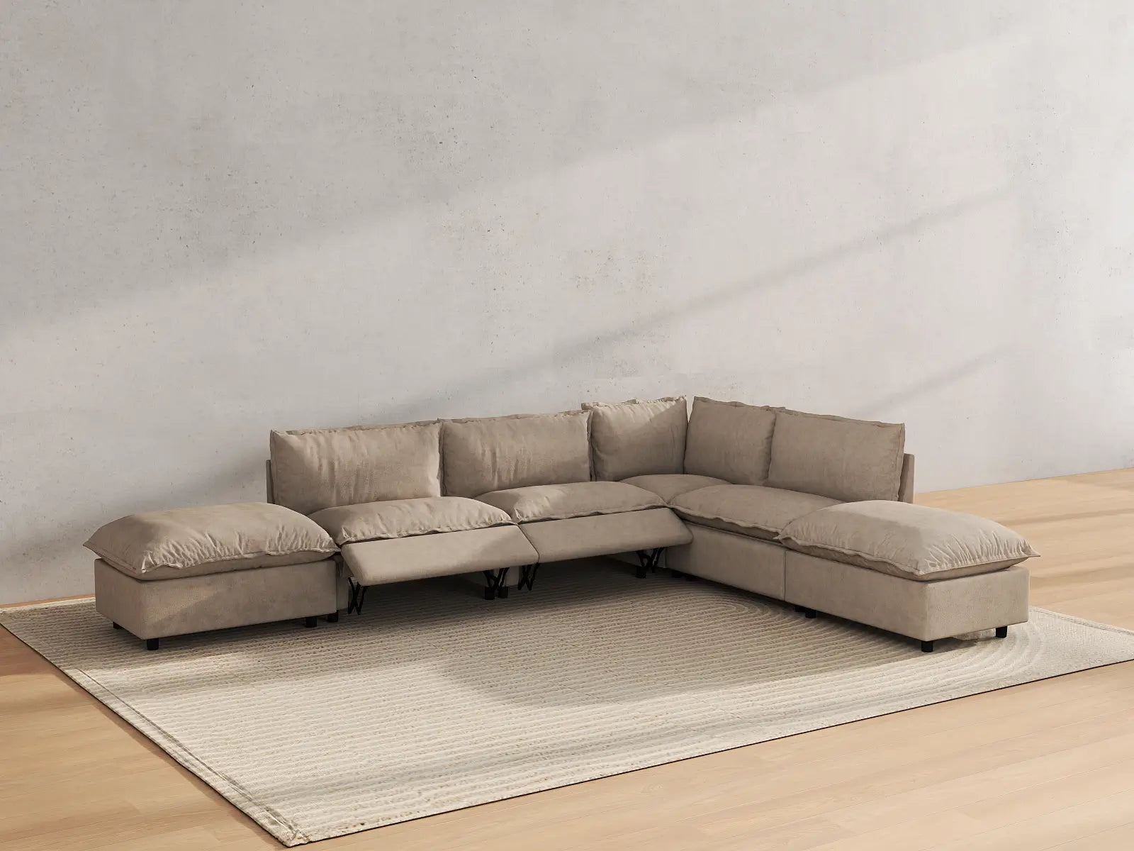 Modular Cero Recliner Sectional with Chaise | 6-Piece Khaki Linen Home Living L-Shaped Sectionals 4-Seater with 2-Ottomans