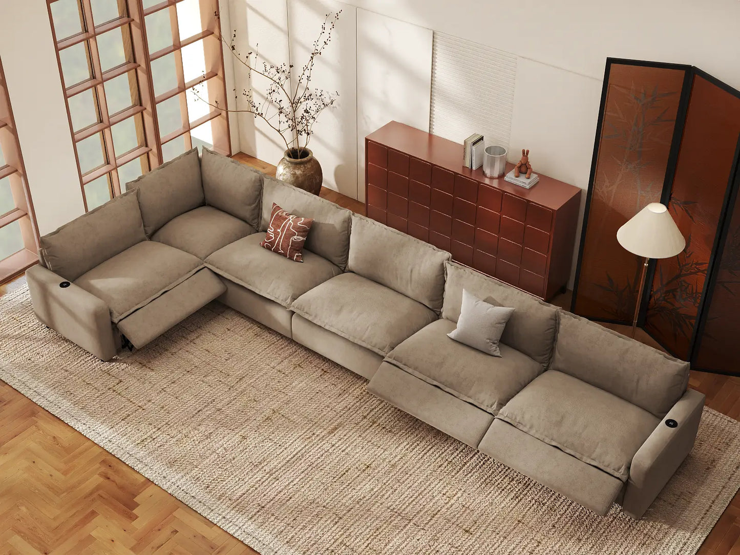 Modular Cero Reclining Sectionals | 6-Piece Khaki Linen Home Living L-Shaped Sectionals 6-Seater