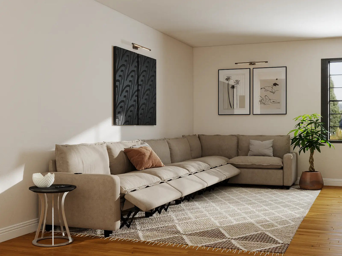 Modular Cero Reclining Sectionals | 6-Piece Khaki Linen Home Living L-Shaped Sectionals 6-Seater