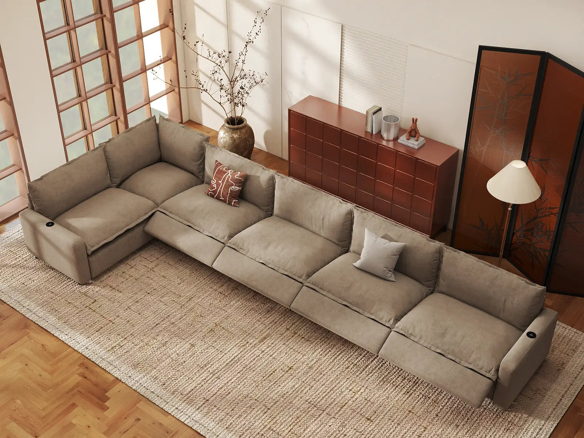 Modular Cero Reclining Sectionals | 6-Piece Khaki Linen Home Living L-Shaped Sectionals 6-Seater