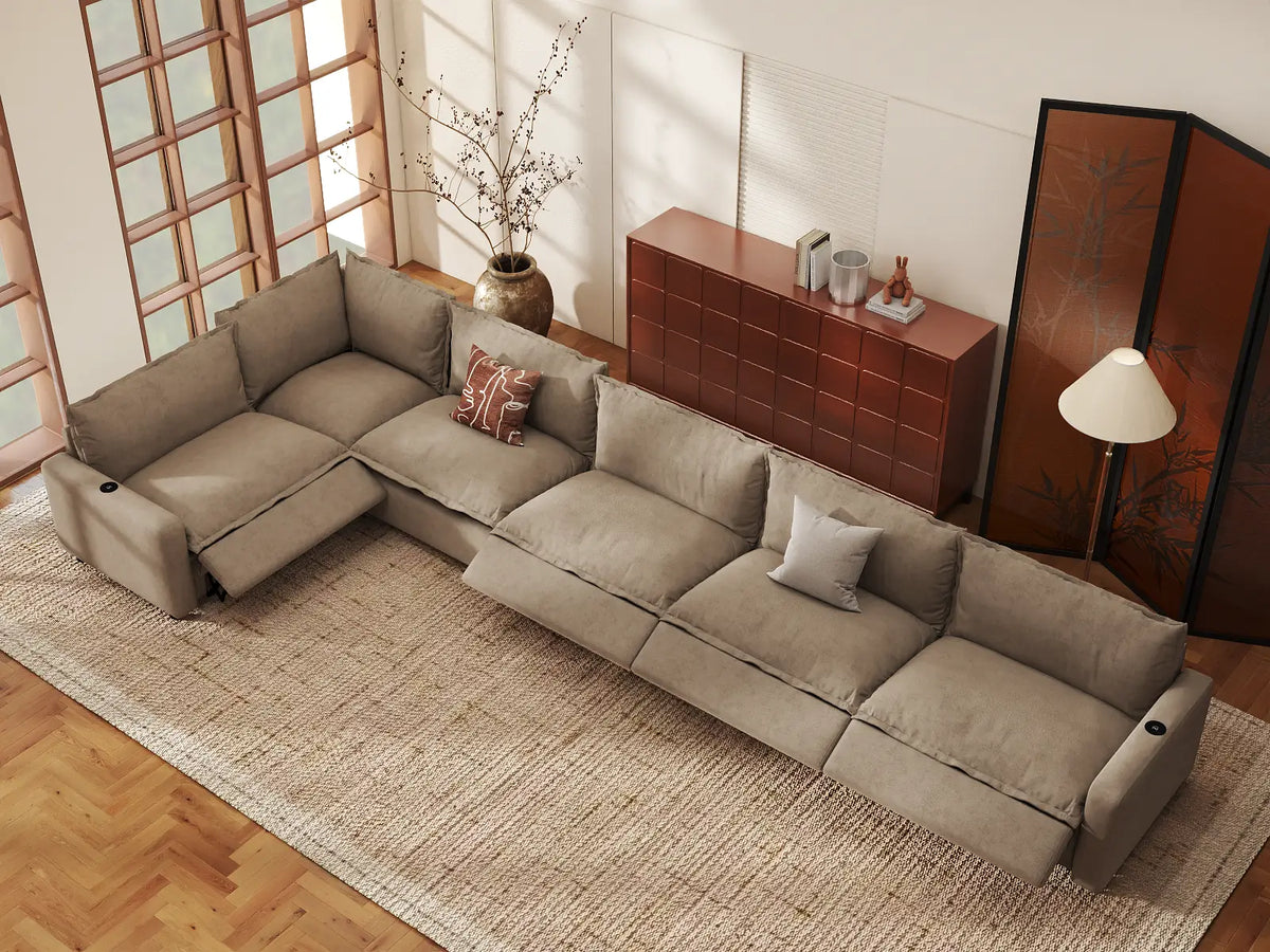 Modular Cero Reclining Sectionals | 6-Piece Khaki Linen Home Living L-Shaped Sectionals 6-Seater