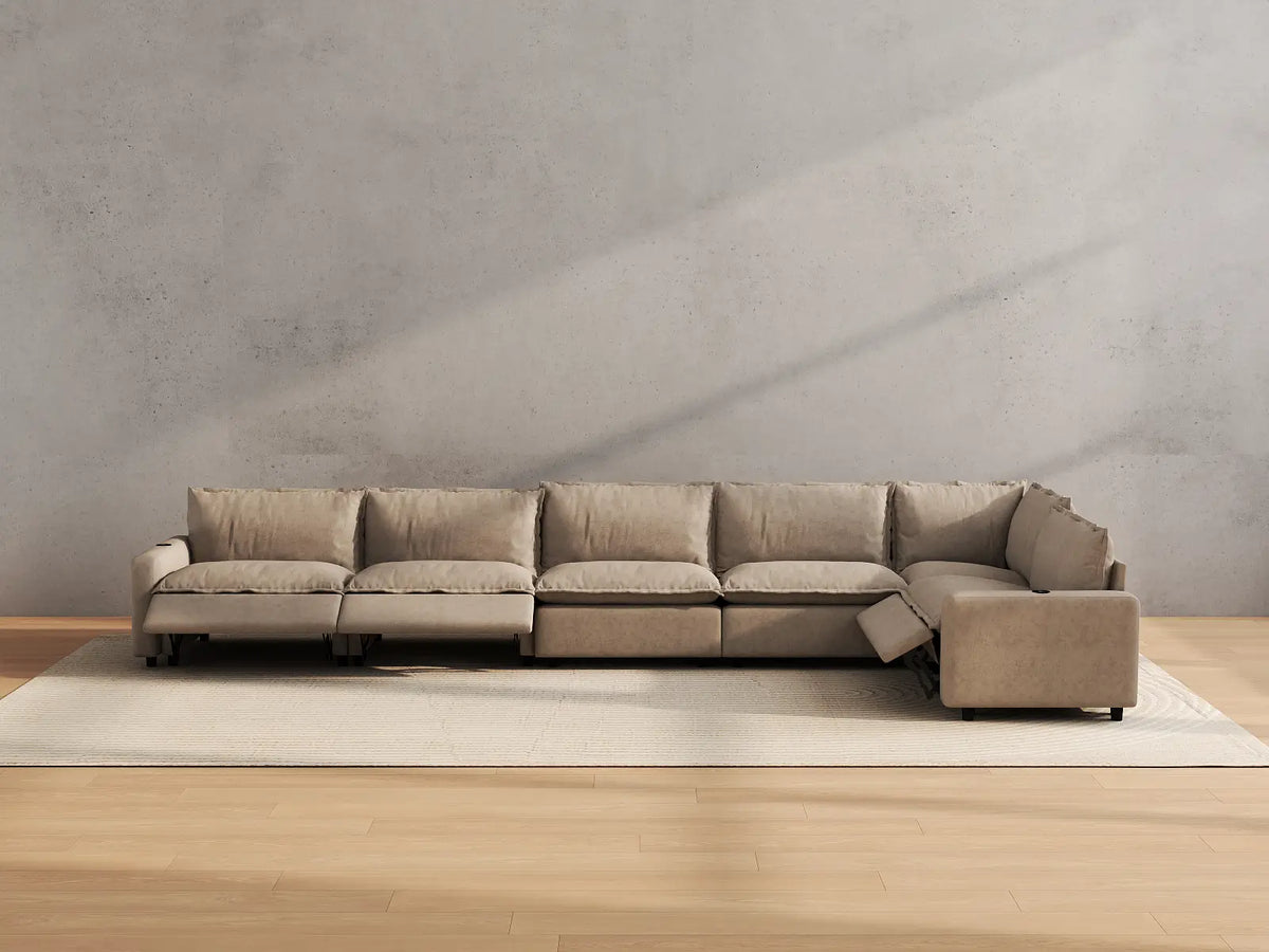 Modular Cero Reclining Sectionals | 6-Piece Khaki Linen Home Living L-Shaped Sectionals 6-Seater