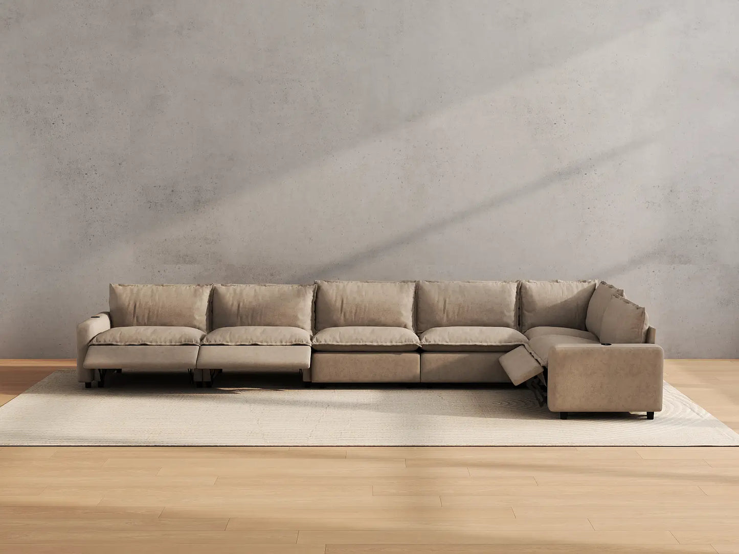 Modular Cero Reclining Sectionals | 6-Piece Khaki Linen Home Living L-Shaped Sectionals 6-Seater