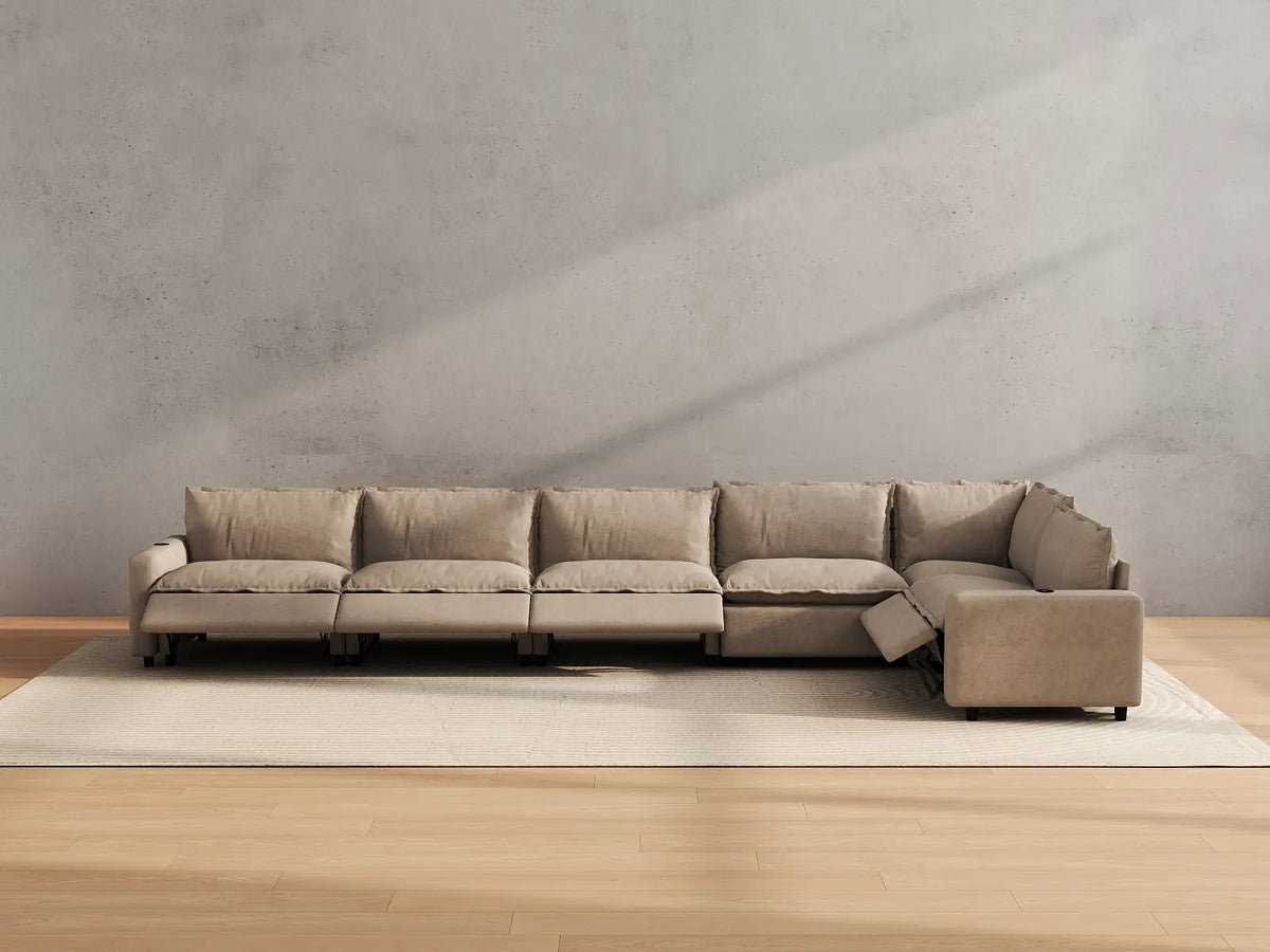 Modular Cero Reclining Sectionals | 6-Piece Khaki Linen Home Living L-Shaped Sectionals 6-Seater