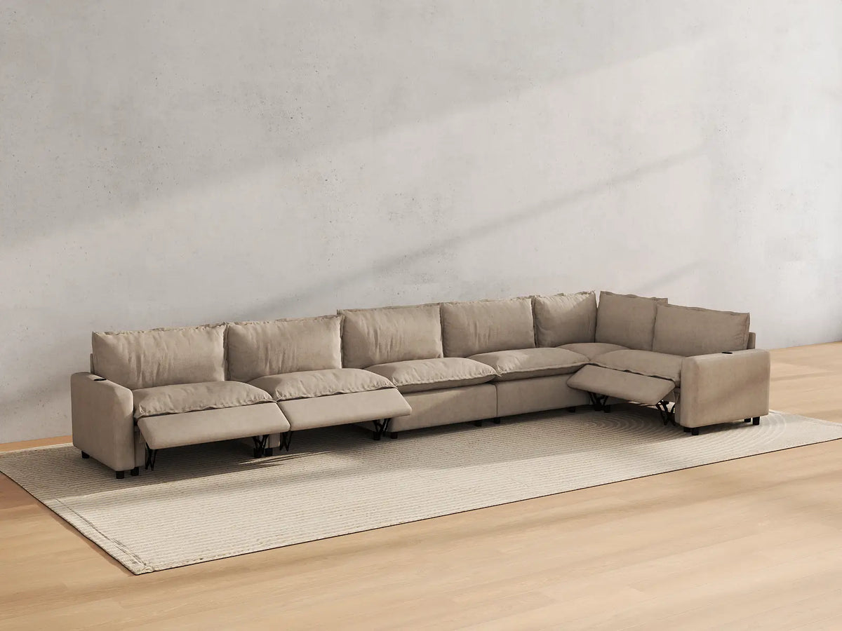 Modular Cero Reclining Sectionals | 6-Piece Khaki Linen Home Living L-Shaped Sectionals 6-Seater