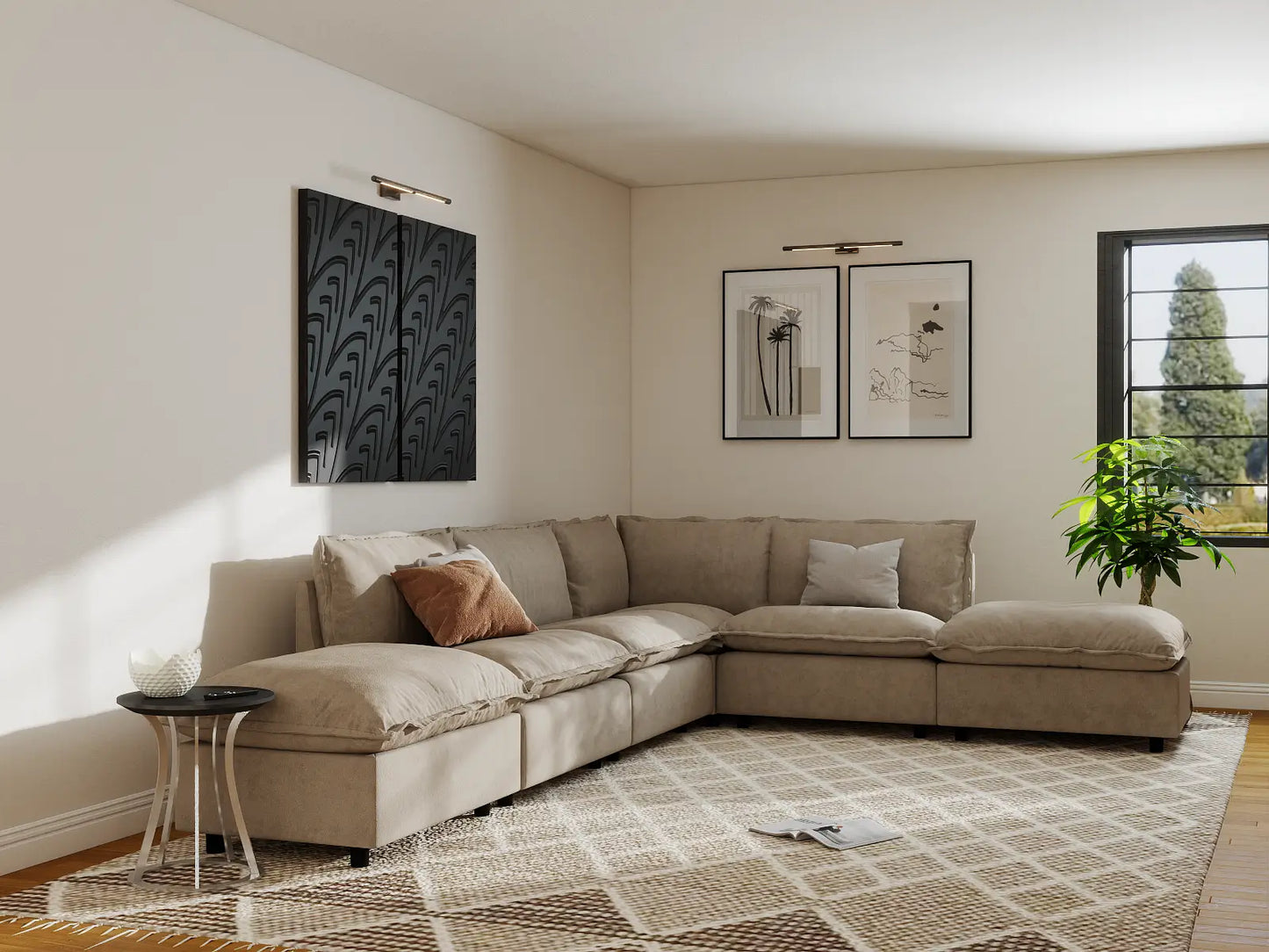 Modular Cero Modular Sectionals | 6-Piece Khaki Linen Large Space L-Shaped Sectionals 4-Seater with 2-Ottomans