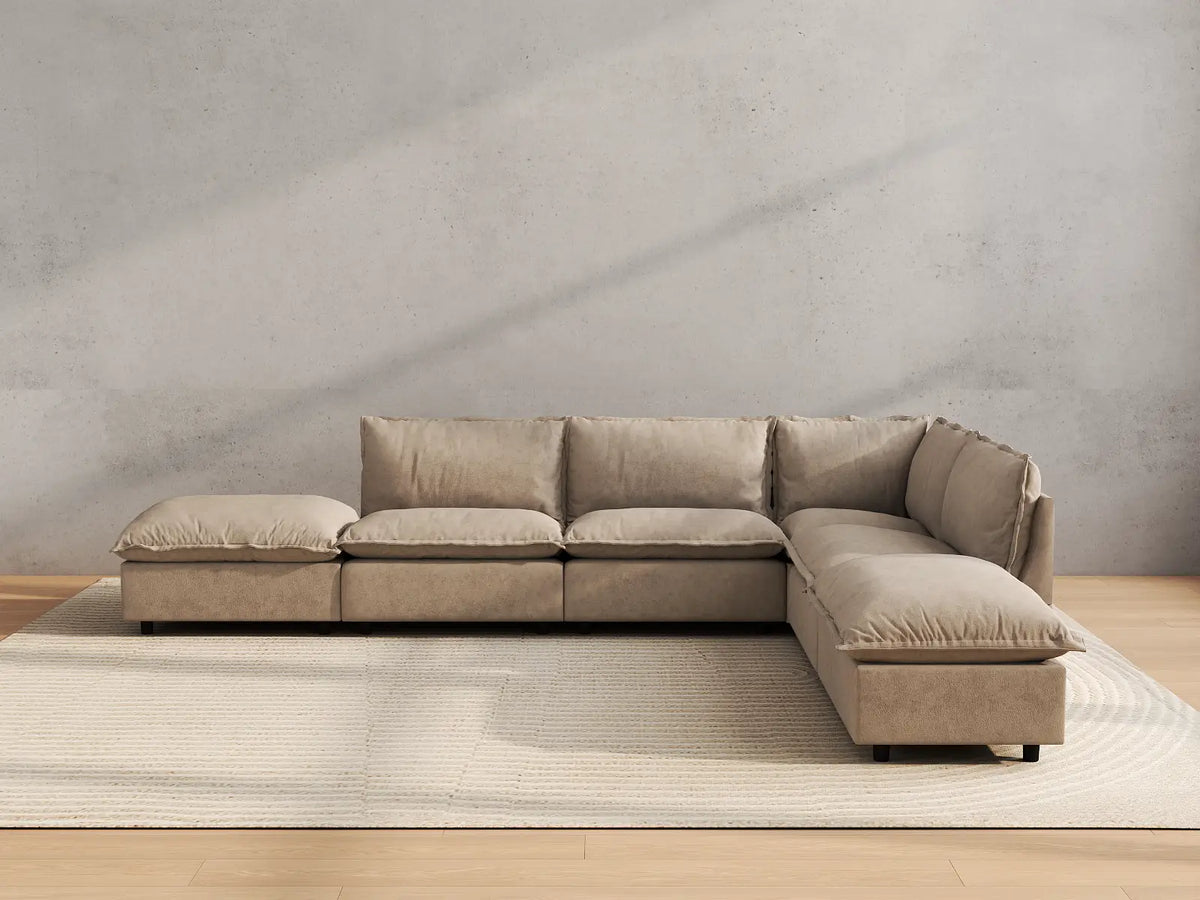 Modular Cero Modular Sectionals | 6-Piece Khaki Linen Large Space L-Shaped Sectionals 4-Seater with 2-Ottomans