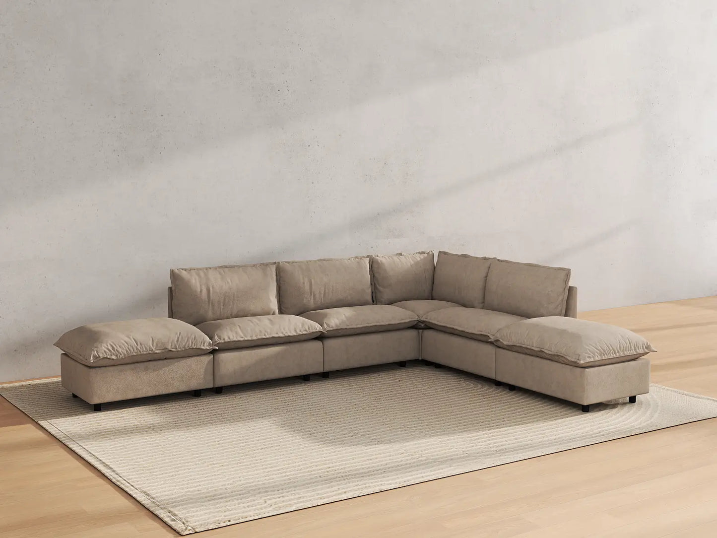 Modular Cero Modular Sectionals | 6-Piece Khaki Linen Large Space L-Shaped Sectionals 4-Seater with 2-Ottomans