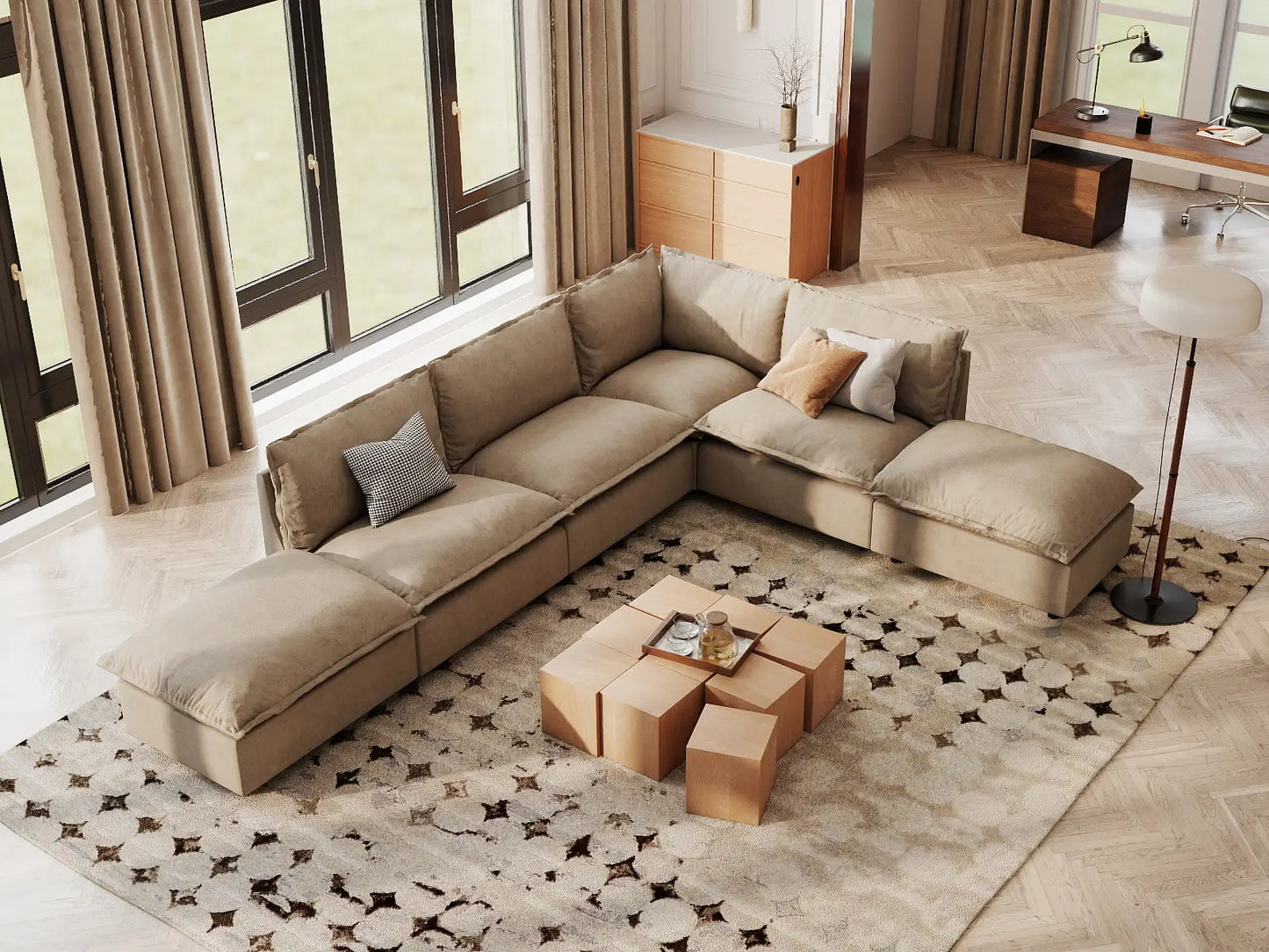 Modular Cero Modular Sectionals | 6-Piece Khaki Linen Large Space L-Shaped Sectionals 4-Seater with 2-Ottomans