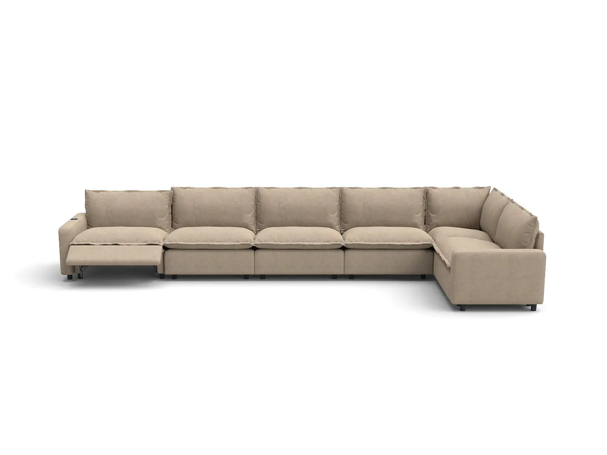 Modular Cero Reclining Sectionals | 6-Piece Khaki Linen Large Space L-Shaped Sectionals 6-Seater