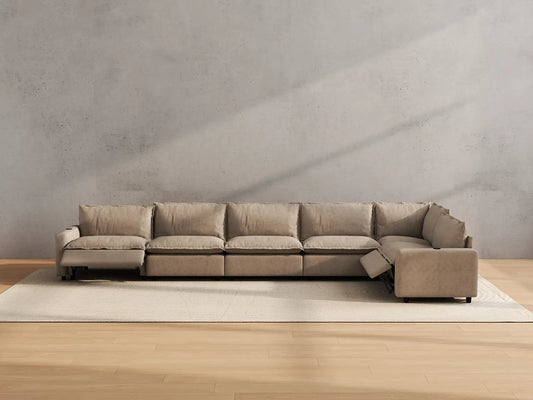 Modular Cero Reclining Sectionals | 6-Piece Khaki Linen Large Space L-Shaped Sectionals 6-Seater