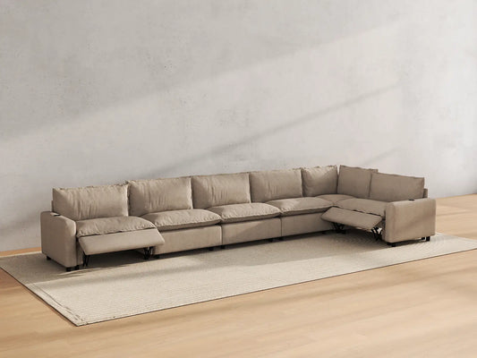 Modular Cero Reclining Sectionals | 6-Piece Khaki Linen Large Space L-Shaped Sectionals 6-Seater