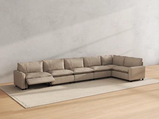 Modular Cero Reclining Sectionals | 6-Piece Khaki Linen Large Space L-Shaped Sectionals 6-Seater