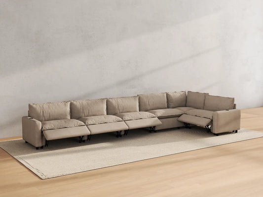Modular Cero Reclining Sectionals | 6-Piece Khaki Linen Large Space L-Shaped Sectionals 6-Seater