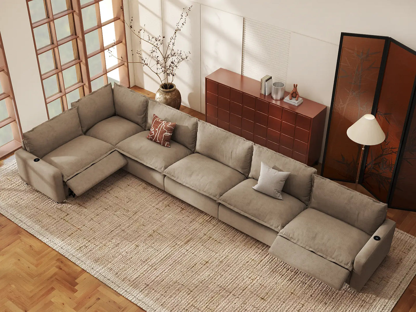 Modular Cero Reclining Sectionals | 6-Piece Khaki Linen Large Space L-Shaped Sectionals 6-Seater