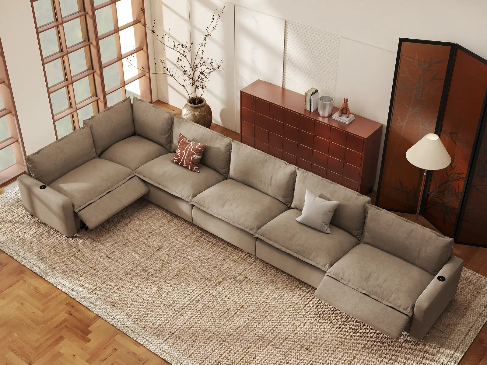 Modular Cero Recliner Sectional Sofa | 6-Piece Khaki Linen Large Space L-Shaped Sectionals 6-Seater