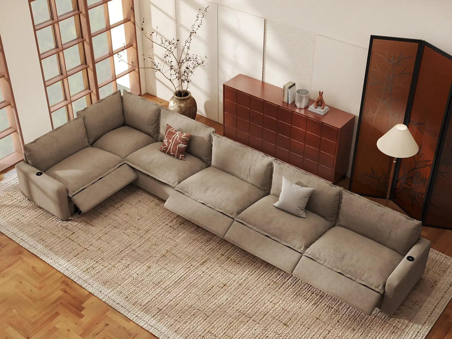 Modular Cero Recliner Sectional Couch | 6-Piece Khaki Linen Large Space L-Shaped Sectionals 6-Seater
