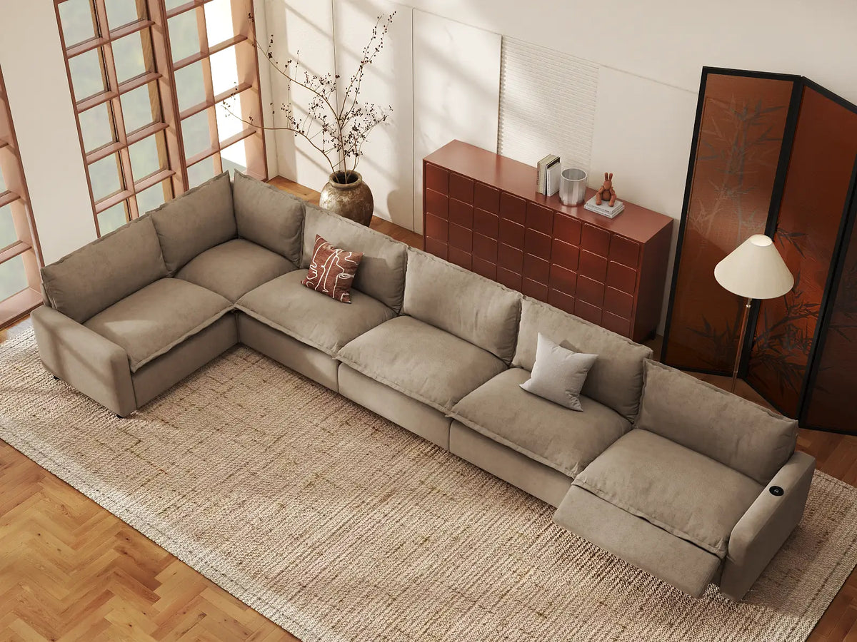 Modular Cero Reclining Sectionals | 6-Piece Khaki Linen Large Space L-Shaped Sectionals 6-Seater