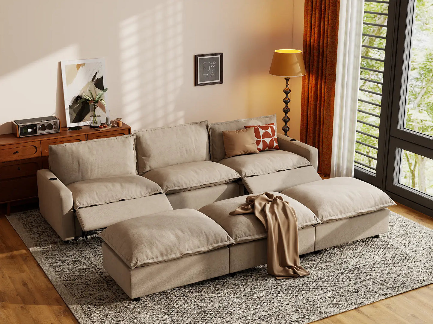 Modular Cero Reclining Sectionals | 6-Piece Khaki Linen Large Space Pit Sectionals 3-Seater with 3-Ottomans