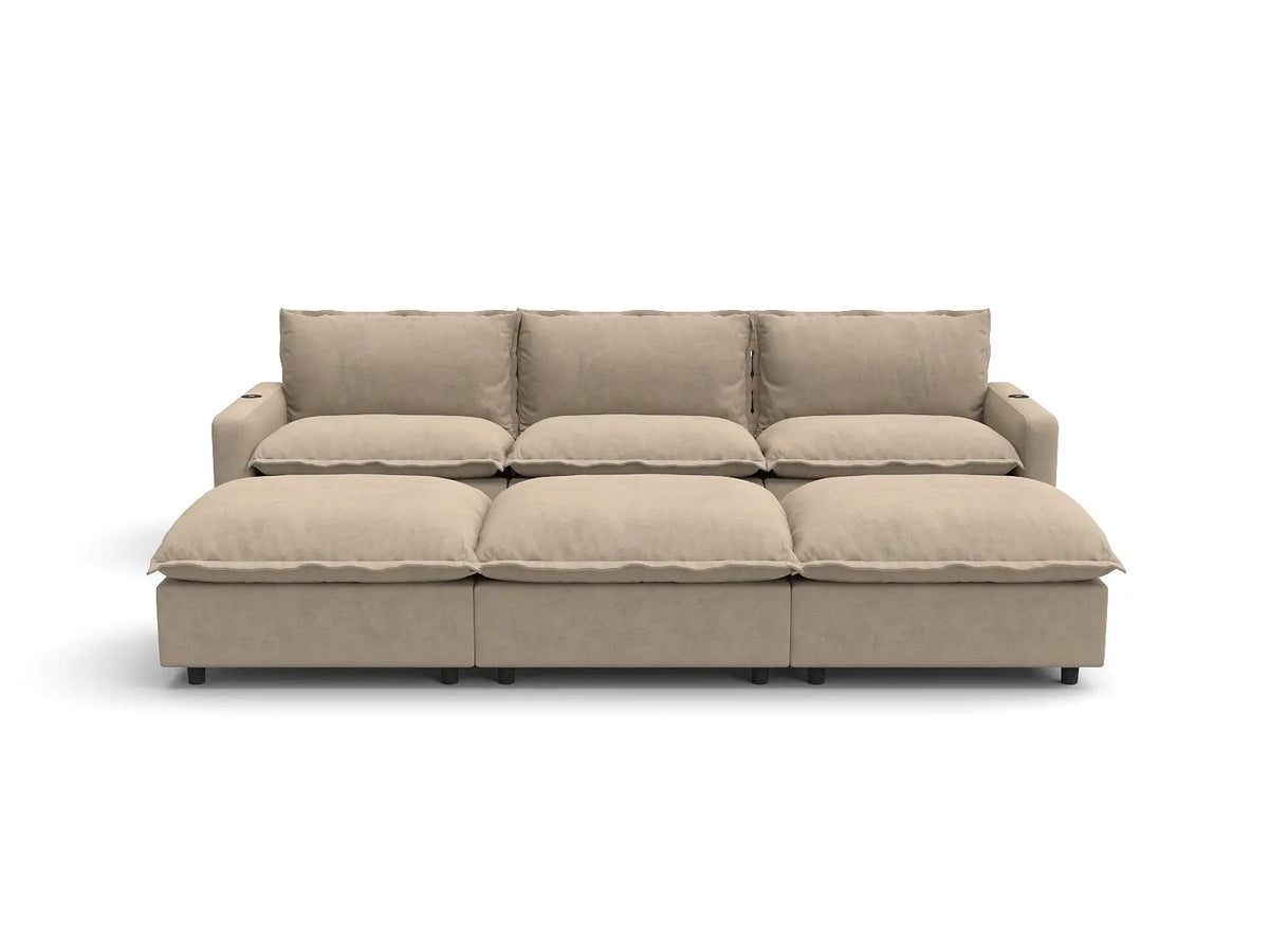 Modular Cero Reclining Sectionals | 6-Piece Khaki Linen Large Space Pit Sectionals 3-Seater with 3-Ottomans