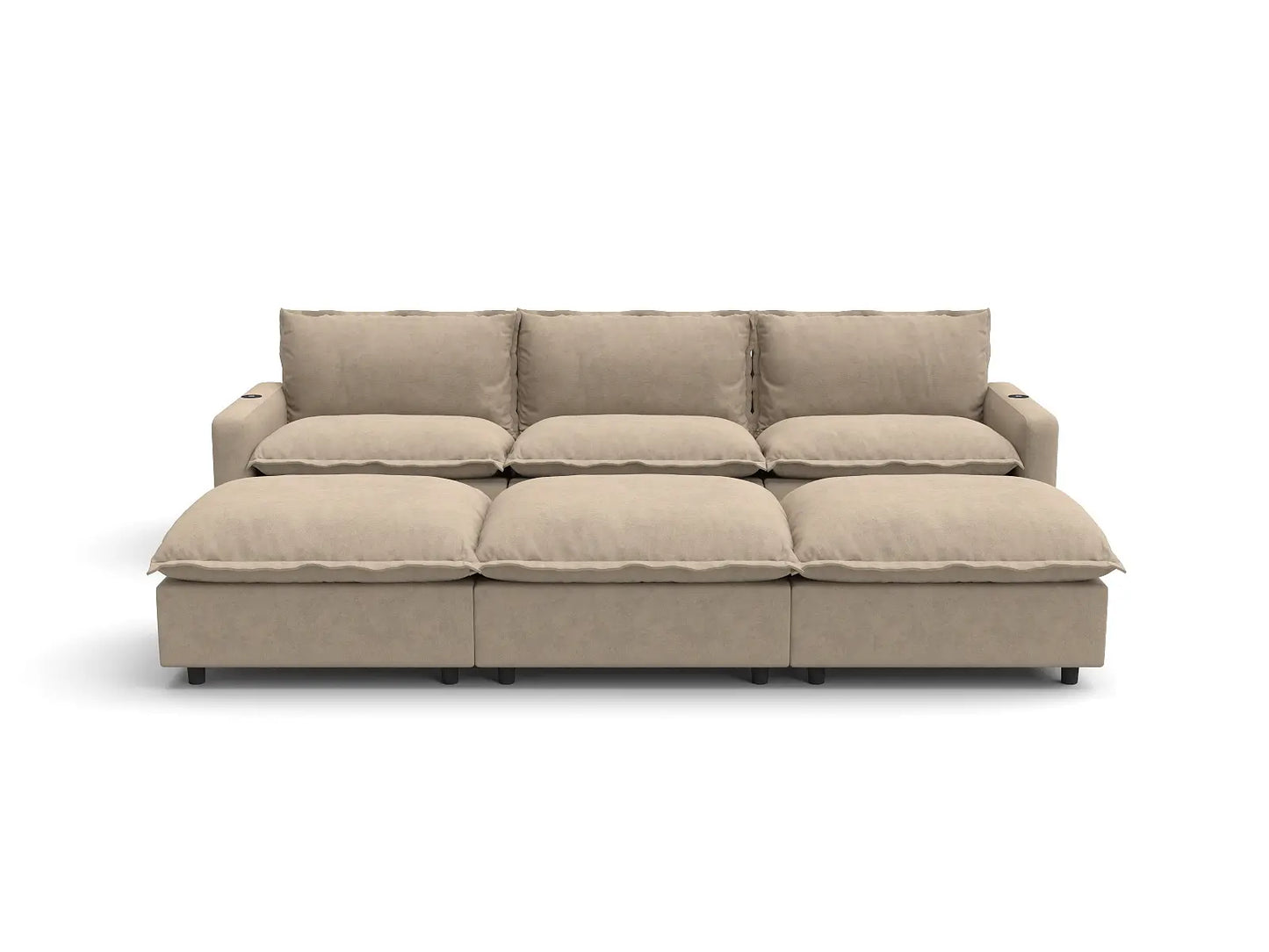 Modular Cero Reclining Sectionals | 6-Piece Khaki Linen Large Space Pit Sectionals 3-Seater with 3-Ottomans